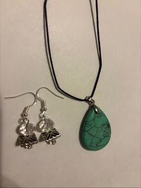 Turquoise Teardrop Pendant Necklace with Black Cord and earrings Women Jewelry